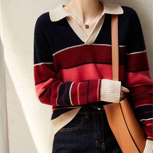 Vintage color hit polo collar long sleeve sweaters