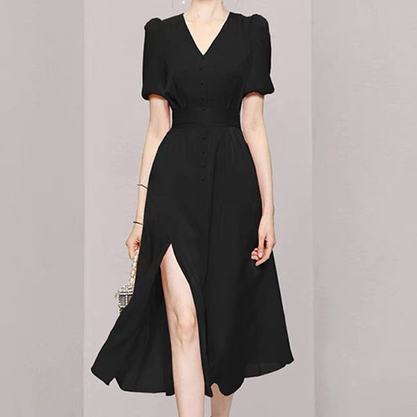 Solid puff sleeve high waisted a line dresses