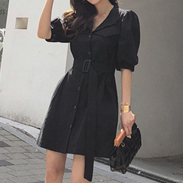 Solid turn-down collar belted mini dresses