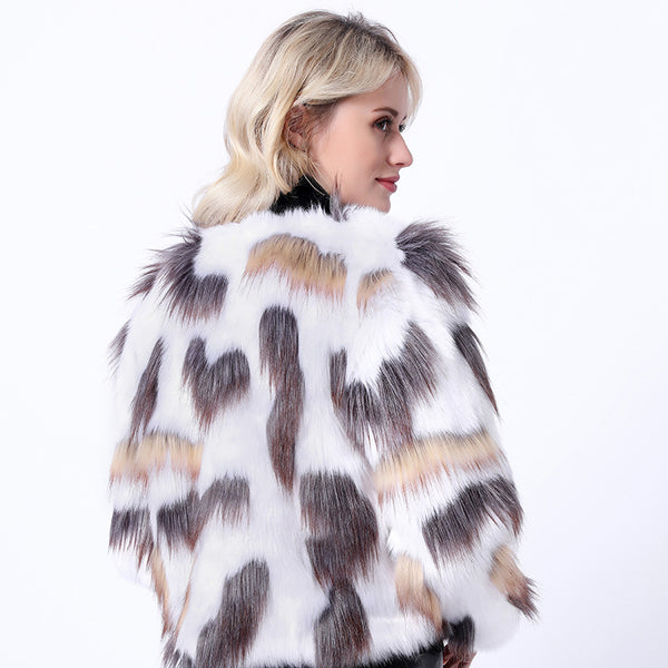 Color-blocked open front faux fur coats