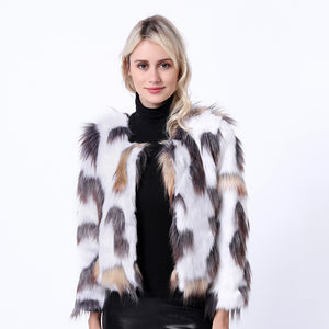 Color-blocked open front faux fur coats