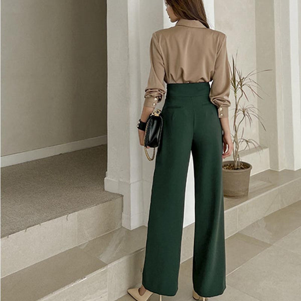 Elegant lapel long sleeve blouses and high waist wide leg pants suits