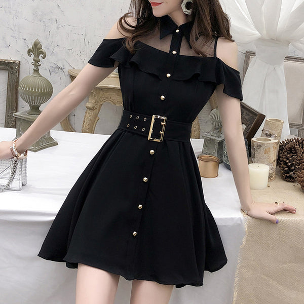 Turn-down collar cold shoulder black a-line mini dresses