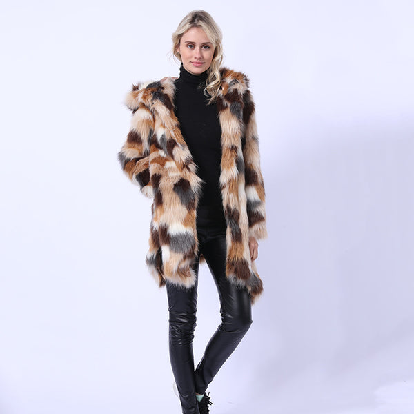 Hooded asymmetric faux fur coats