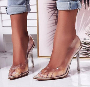 Transparent pointed toe low-fronted heels