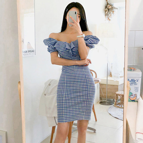 Off the shoulder ruffled plaid bodycon dresses
