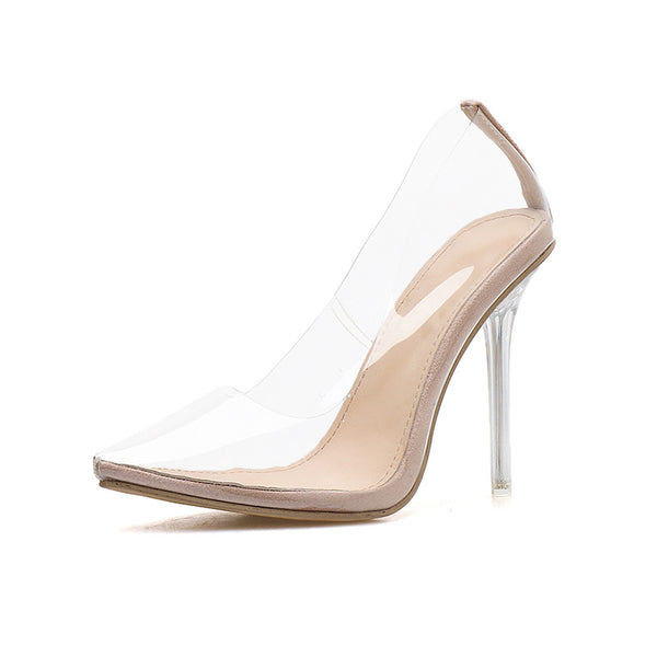 Transparent pointed toe low-fronted heels