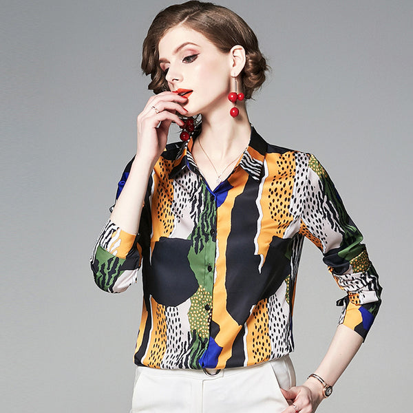 Elegant abstract print lapel long sleeve blouses
