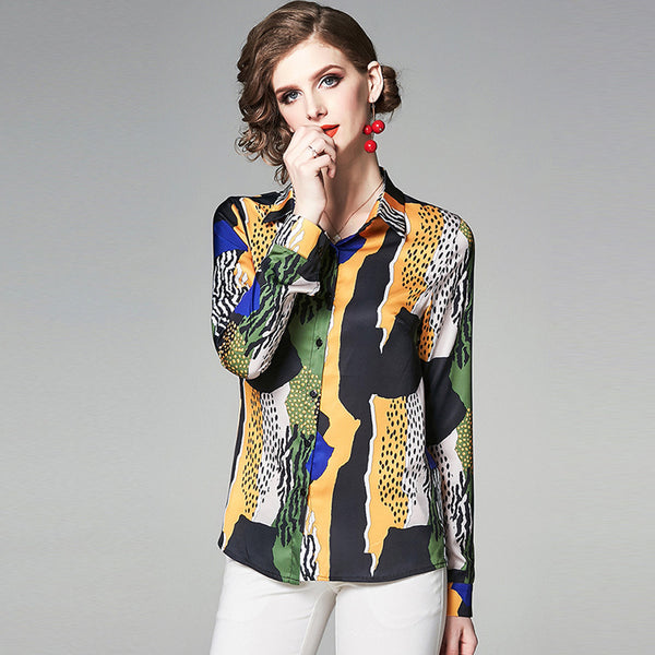 Elegant abstract print lapel long sleeve blouses