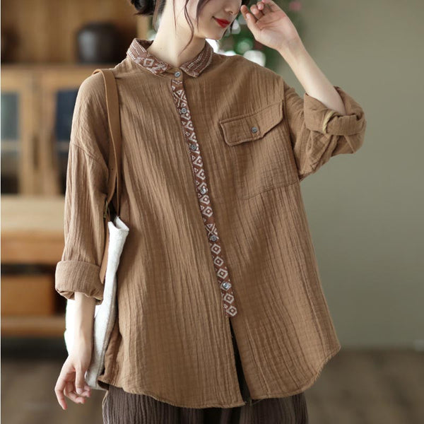Linen patch lapel long sleeve blouses