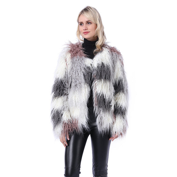 Color-blocked plush faux fur coats