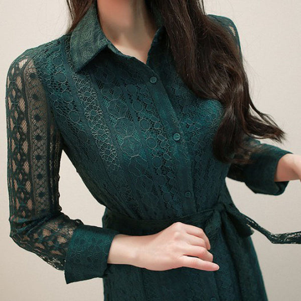 Turn-down collar lace patchwork shirt dresses