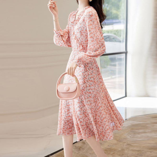 V-neck long sleeve flora midi dresses