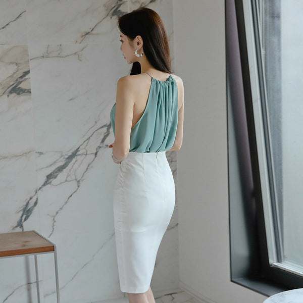 Halter neck sleeveless ruched skirt suits