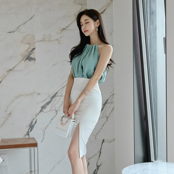 Halter neck sleeveless ruched skirt suits