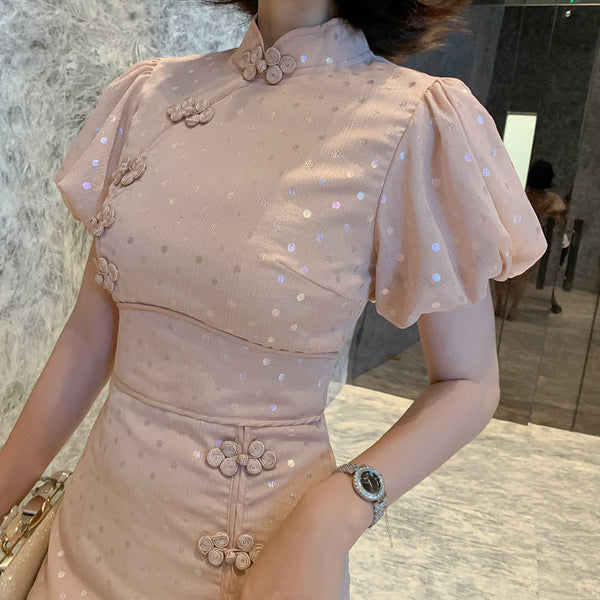 Lace short puff sleeve mini dresses