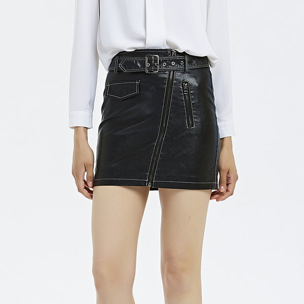 Belted biker faux leather mini skirts