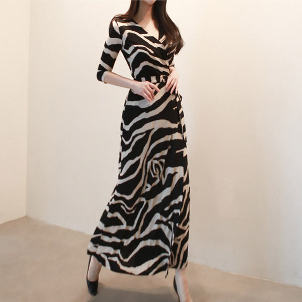 Zebra cross v-neck wrap maxi dresses