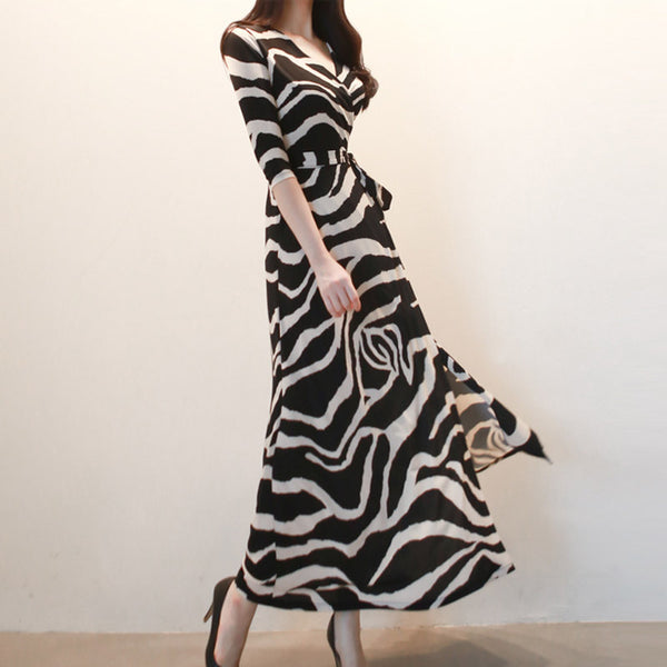 Zebra cross v-neck wrap maxi dresses