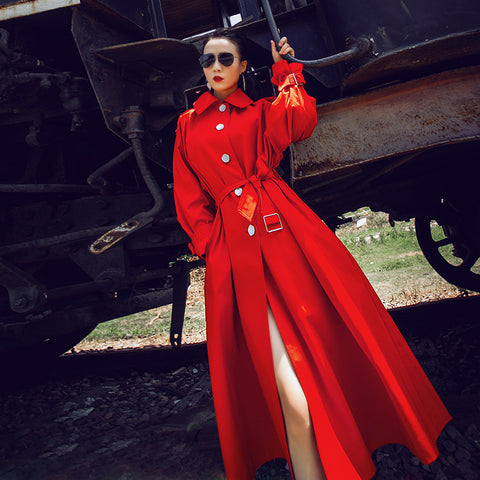 Elegant solid lapel long sleeve hoodied trench coats with belt
