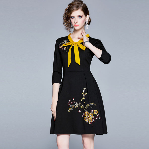 Tie-collar embroidered a-line dresses