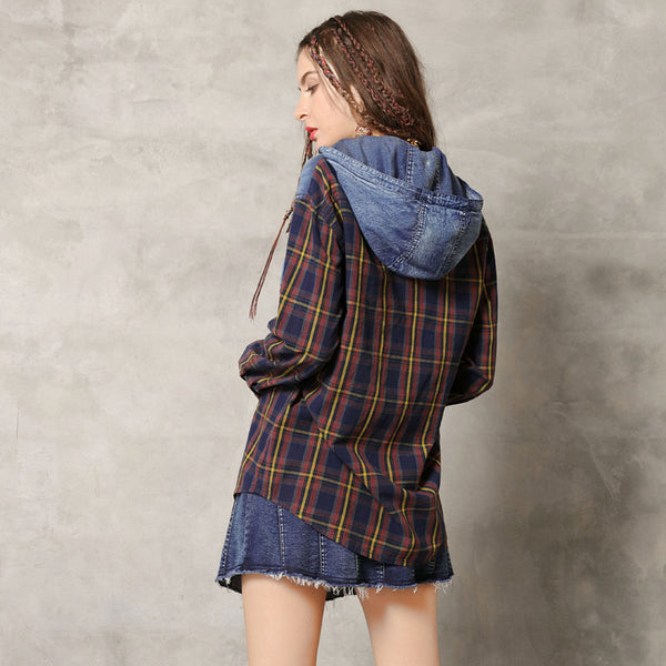 Plaid patchwork hooded blouses