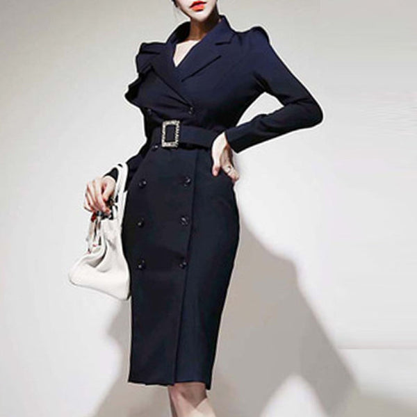 Double-breasted lapel belted bodycon dresses