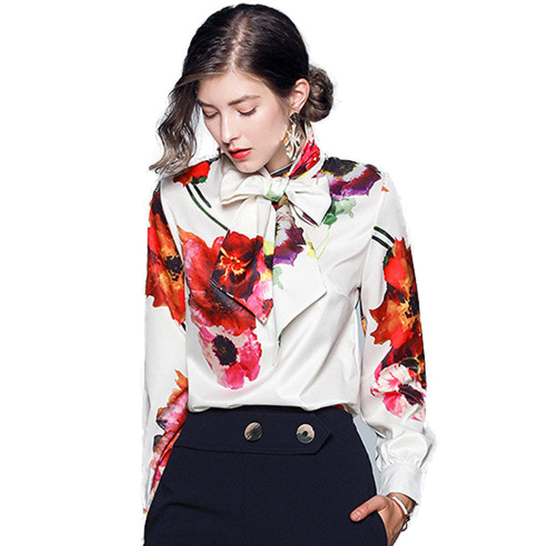 Print tie-collar pullover blouses