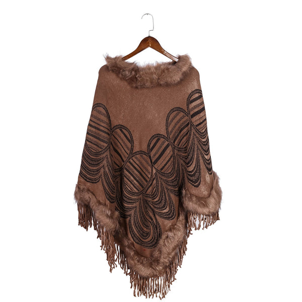 Faux fur collar tassel ponchos