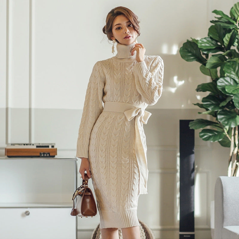Bowknot cable-knit sweater dresses