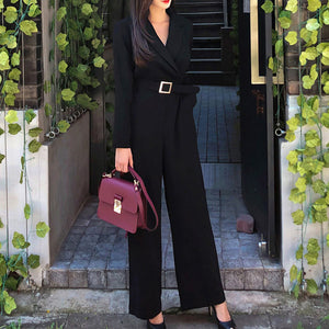 Lapel long sleeve black jumpsuits