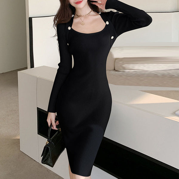 Knitted square neck long sleeve dresses