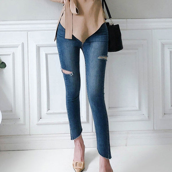 Sexy waist openwork slim low rise jeans