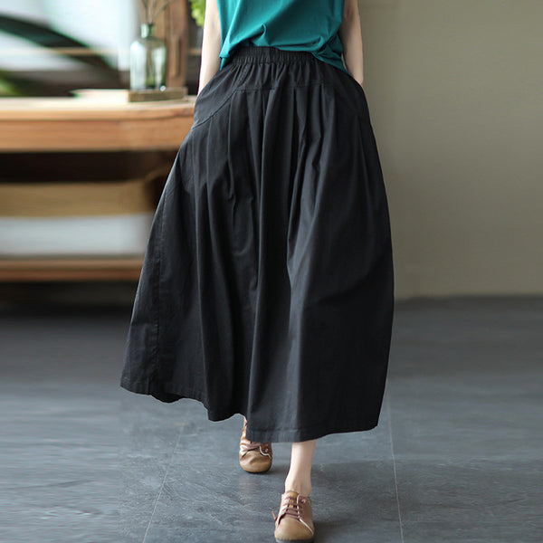 Vintage solid elastic waist pocket skirts