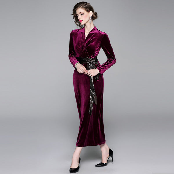 Empire waist v-neck velvet maxi dresses