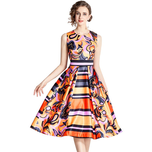 Vintage print sleeveless crew neck skater dresses