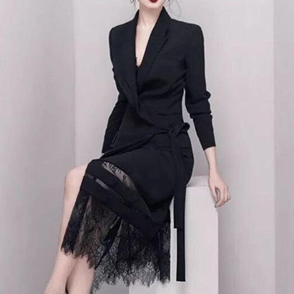 Elegant lace patch lapel long sleeve blazer dresses