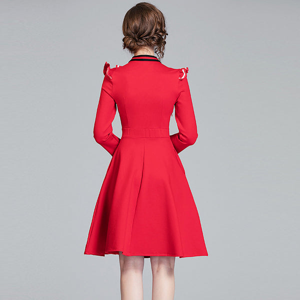 Color-blocked tie-collar falbala skater dresses