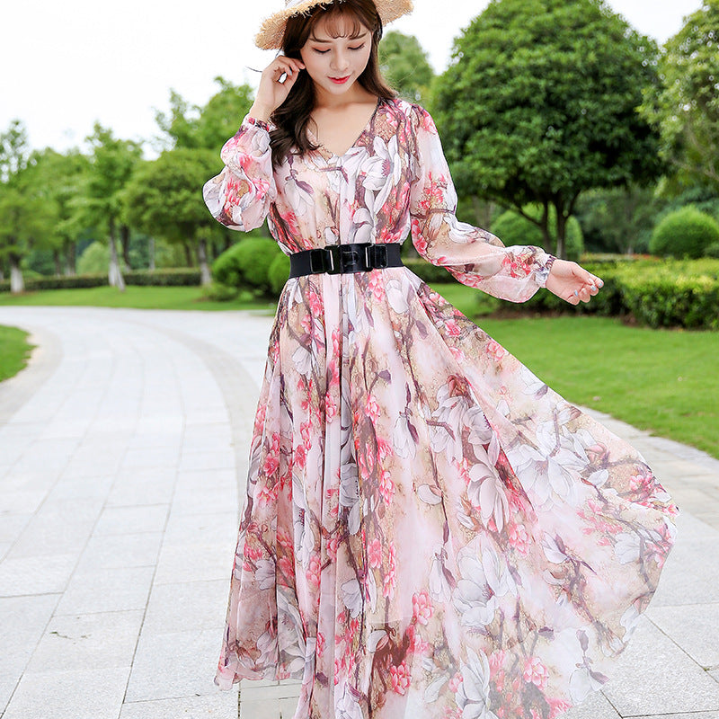 Boho v-neck belted floral maxi dresses