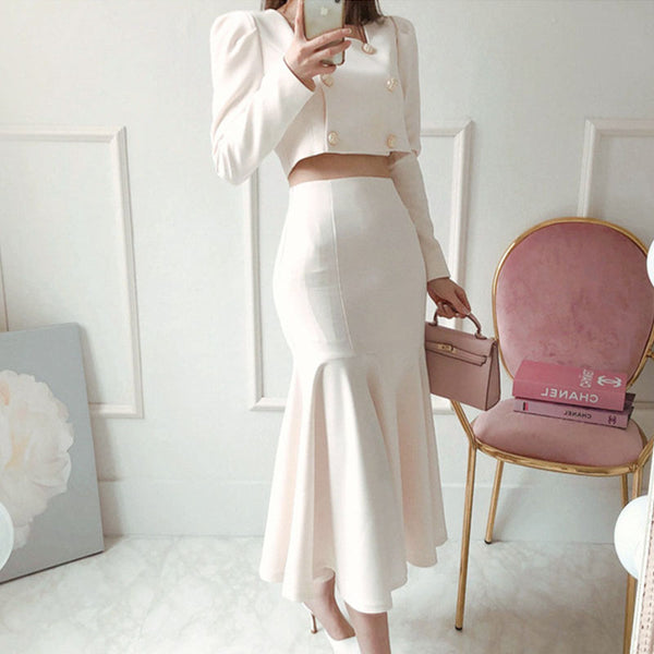 Square neck slim double-breasted long sleeve mermaid skirt suits