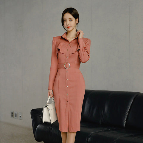 Turn-down collar belted office dresses