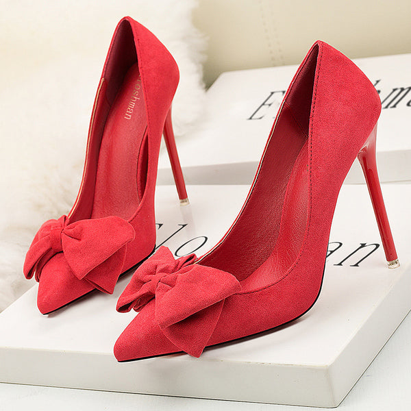 Sexy solid bowknot pointed high heels