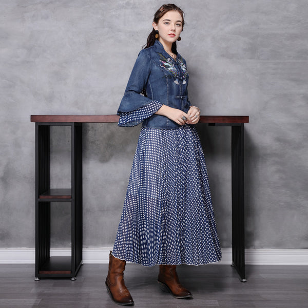 Patchwork ruffled retro pleated skirt suits