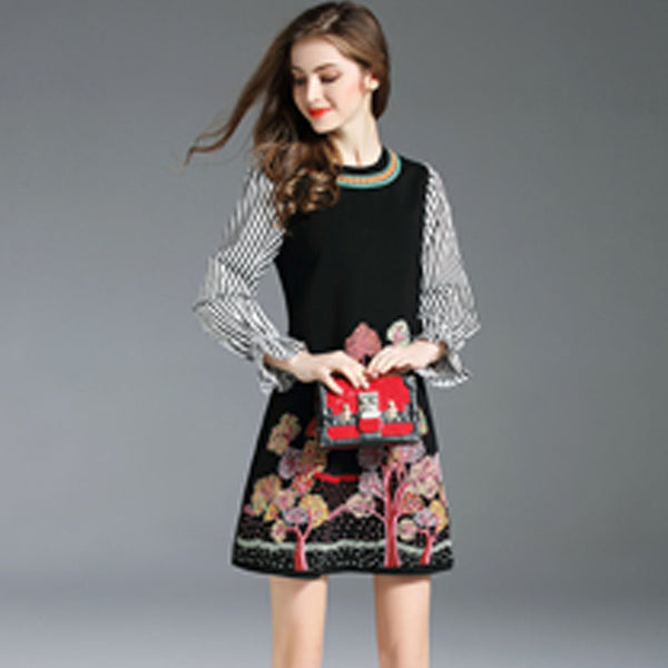 Stripped embroidered patchwork a-line dress