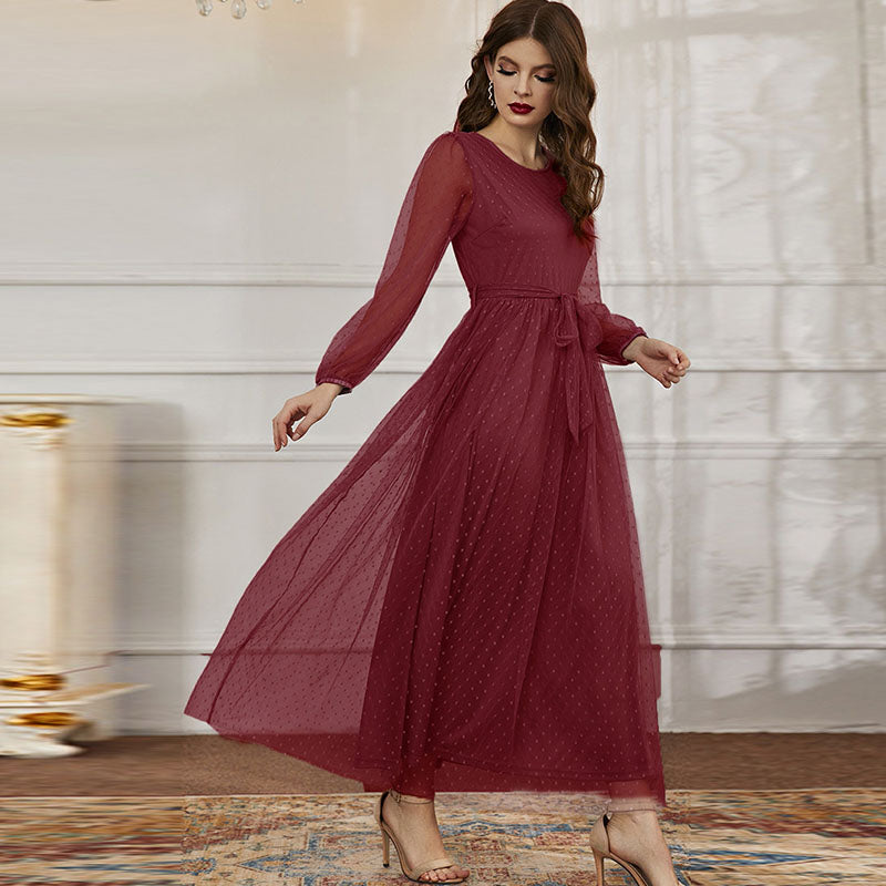Crew Neck long sleeve belted mesh maxi dresses