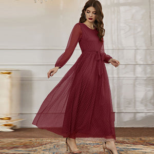 Crew Neck long sleeve belted mesh maxi dresses