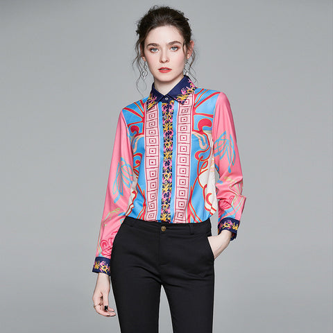 Elegant print long sleeve lapel blouses