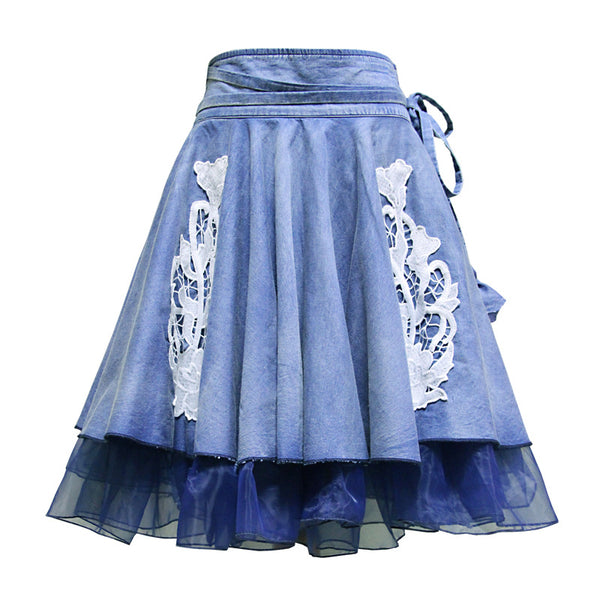 Lace mesh patchwork big hem denim skirts