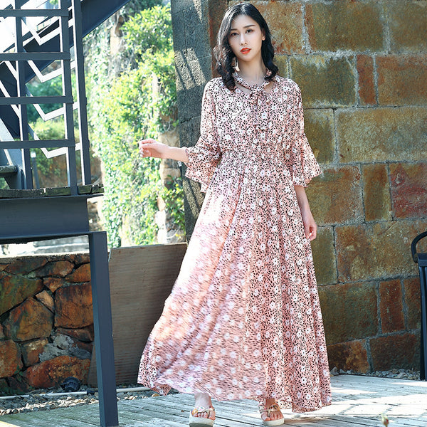 Chiffon floral tie neck flare sleeve maxi dresses