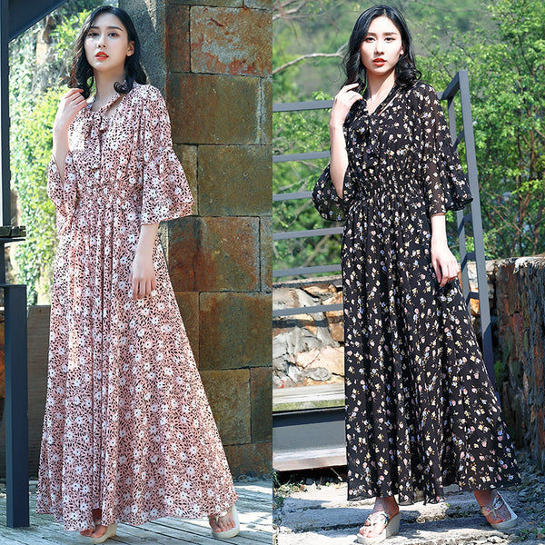 Chiffon floral tie neck flare sleeve maxi dresses